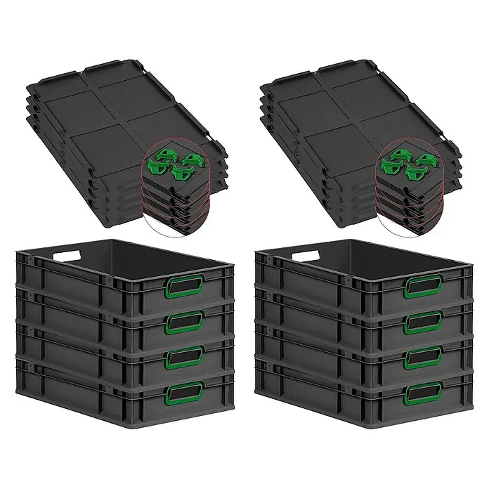 Proregal Euroboxen-Set 8x Eurobox NextGen Color mit Auflagedeckel und Schiebeschnappverschlüsse - L x B x H: 60 x 40 x 12 cm, Kunststoff, Schwarz, Grün, 8 Stk. - Set aus grauen Lagerkisten mit grünen Griffen und passenden Deckeln. Ideal für Lagerung und Transport.