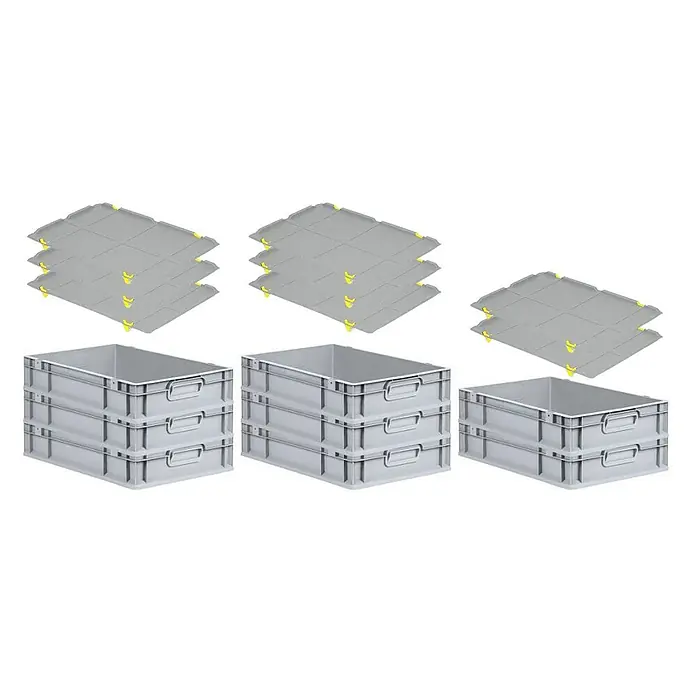 Proregal Euroboxen-Set 8x Eurobox NextGen Grip mit Auflagedeckel inkl. 4 gelben Verschlüssen - L x B x H: 60 x 40 x 12 cm, Kunststoff, Grau, 8 Stk. - Das Bild zeigt ein Set aus grauen Lagerboxen und Deckeln, ideal für die Organisation und Aufbewahrung.