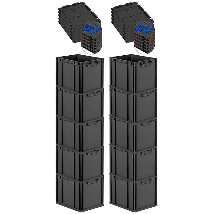 Proregal Euroboxen-Set 10x Eurobox NextGen Grip mit Auflagedeckel inkl. 4 blauen Verschlüssen - Kunststoff, Schwarz, 10 Stk. - Aufbewahrungsboxen: Stapelbare, schwarze Kunststoffkisten mit Griffen und Deckel, ideal für die Lagerung.