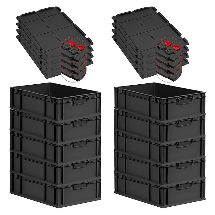 Proregal Euroboxen-Set 10x Eurobox NextGen Grip mit Scharnierdeckel und roten Verschlüssen - L x B x H: 60 x 40 x 17 cm, Kunststoff, Schwarz, 10 Stk. - Das Bild zeigt ein Set aus schwarzen Kunststoffboxen und passenden Deckeln, ideal für die Lagerung und Organisation verschiedener Gegenstände.