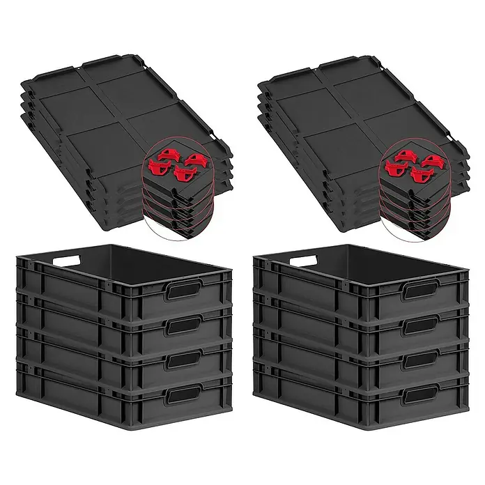 Proregal Euroboxen-Set 8x Eurobox NextGen Grip mit Auflagedeckel inkl. 4 roten Verschlüssen - L x B x H: 60 x 40 x 12 cm, Kunststoff, Schwarz, 8 Stk. - Ein Stapel schwarzer Kunststoffkisten mit Deckeln und Verbindungsstücken, ideal für Lagerung und Organisation.