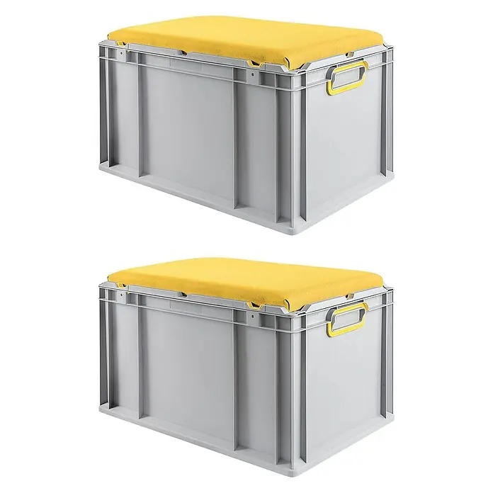 Proregal Euroboxen-Set 2x Eurobox NextGen Seat Box Gelb - L x B x H: 60 x 40 x 36,5 cm, Kunststoff, Grau, Gelb, 2 Stk. - Zwei graue Euroboxen mit gelben Sitzkissen. Vielseitige Aufbewahrungslösung mit Komfort, ideal für Ordnung und zusätzliche Sitzgelegenheit.
