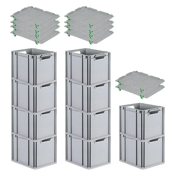 Proregal Euroboxen-Set 10x Eurobox NextGen Economy mit Auflagedeckel und 4x Verschlüsse Grün - Kunststoff, Grau, 10 Stk. - Graue Lagerboxen mit Deckeln, gestapelt und für die Organisation und Aufbewahrung von Gegenständen zu Hause oder im Lager geeignet.