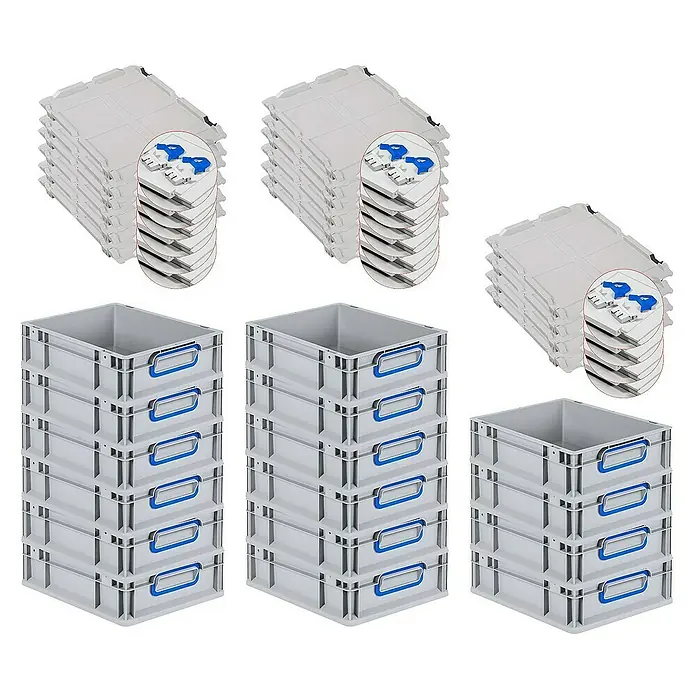 Proregal Euroboxen-Set 16x Eurobox NextGen Color mit Scharnierdeckel und Verschlüssen - L x B x H: 40 x 30 x 12 cm, Kunststoff, Grau, Blau, 16 Stk. - Stapelbare graue Kunststoffbehälter mit blauen Griffen und passenden Deckeln. Ideal für Lagerung und Transport von Waren.