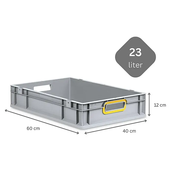 Proregal Euroboxen-Set 8x Eurobox NextGen Color mit Auflagedeckel und Schiebeschnappverschlüsse - L x B x H: 60 x 40 x 12 cm, Kunststoff, Grau, Gelb, 8 Stk. - Abgebildet ist eine graue Kunststoffbox mit gelben Griffen und den Maßen 60 x 40 x 12 cm, Fassungsvermögen 23 Liter.