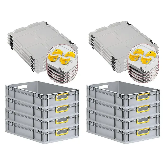 Proregal Euroboxen-Set 8x Eurobox NextGen Color mit Auflagedeckel und Schiebeschnappverschlüsse - L x B x H: 60 x 40 x 12 cm, Kunststoff, Grau, Gelb, 8 Stk. - Stapelbare Eurobehälter und Deckel: Ein Set aus grauen Kunststoffboxen mit gelben Griffen und passenden Deckeln für Lagerung und Transport.