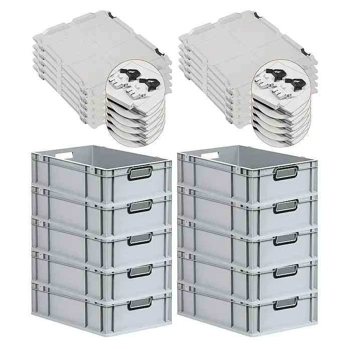 SuperSparSet 10x Eurobox NextGen Color mit Scharnierdeckel und Schiebeschnappverschlüssen | HxBxT 17x40x60cm | 34 Liter | Grau | Griffe schwarz offen | Glatter Boden | Eurobehälter, Transportbox, Transportbehälter, Stapelbehälter -  - Abbildung von zwei Stapeln grauer Eurobehälter und passenden Deckeln, ideal für Lagerung und Transport.