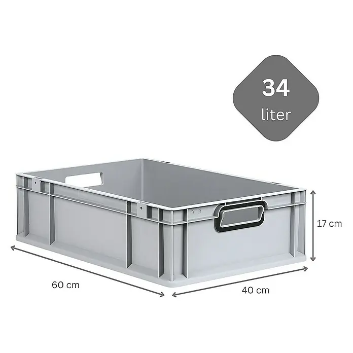 SuperSparSet 10x Eurobox NextGen Color mit Scharnierdeckel und Schiebeschnappverschlüssen | HxBxT 17x40x60cm | 34 Liter | Grau | Griffe schwarz offen | Glatter Boden | Eurobehälter, Transportbox, Transportbehälter, Stapelbehälter -  - Graue 34-Liter-Kunststoffbox mit den Maßen 60 x 40 x 17 cm, ideal für Lagerung und Transport.