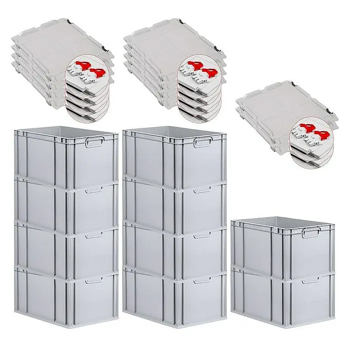 Proregal Euroboxen-Set 10x Eurobox NextGen Grip mit Scharnierdeckel und roten Verschlüssen - L x B x H: 60 x 40 x 32 cm, Kunststoff, Grau, 10 Stk. - Stapelbare graue Lagerboxen mit passenden Deckeln für eine ordentliche Aufbewahrung und einfachen Transport von Gegenständen.