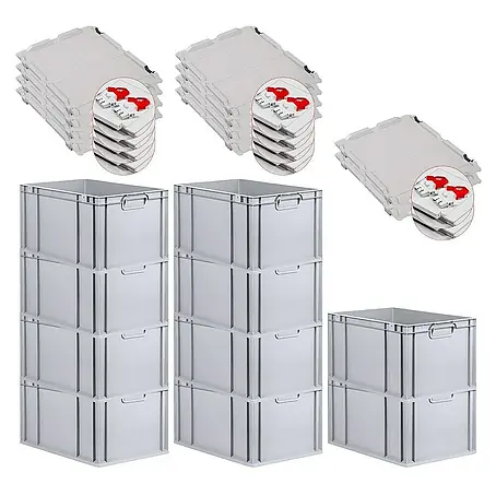 SuperSparSet 10x Eurobox NextGen Grip mit Scharnierdeckel und roten Schiebeschnappverschlüssen | HxBxT 32x40x60cm | 65 Liter | Grau | Griffe geschlossen | Verstärkter Boden | Eurobehälter, Transportbox, Transportbehälter, Stapelbehälter