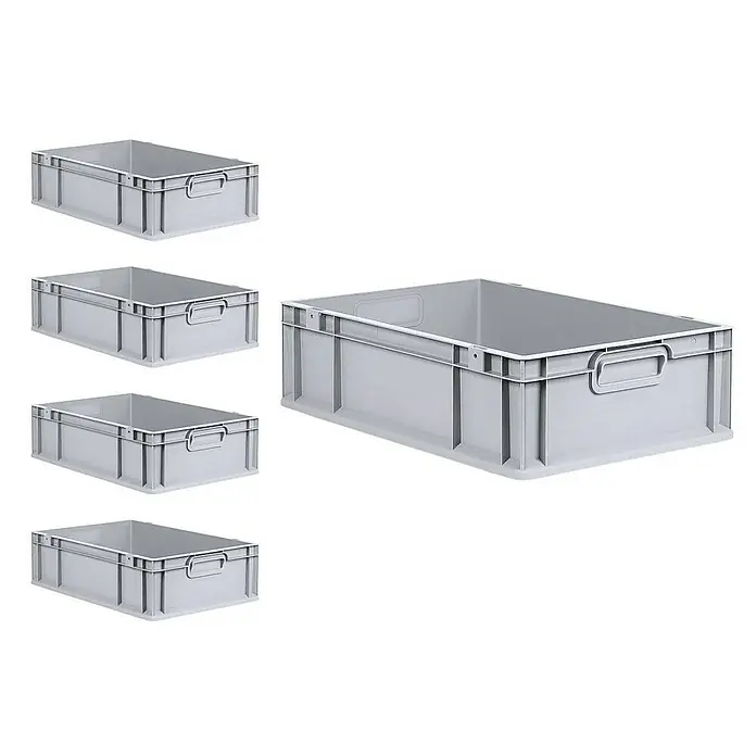 Proregal Euroboxen-Set 5x Eurobox NextGen Grip mit Scharnierdeckel und gelben Verschlüssen - L x B x H: 60 x 40 x 17 cm, Kunststoff, Grau, 5 Stk. - Fünf graue Kunststoffbehälter, ideal für Lagerung und Organisation, mit praktischen Griffen für einfachen Transport.