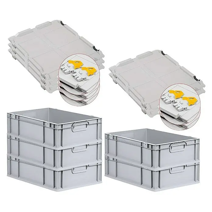 Proregal Euroboxen-Set 5x Eurobox NextGen Grip mit Scharnierdeckel und gelben Verschlüssen - L x B x H: 60 x 40 x 17 cm, Kunststoff, Grau, 5 Stk. - Graue Kunststoffboxen und Deckel im Stapel, ideal für Lagerung und Transport. Robuste Behälter für vielfältige Anwendungen.