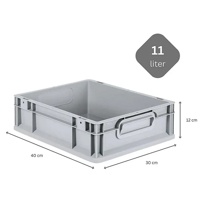 Proregal Euroboxen-Set 5x Eurobox NextGen Grip mit Auflagedeckel inkl. 4 grünen Verschlüssen - L x B x H: 40 x 30 x 12 cm, Kunststoff, Grau, 5 Stk. - Graue Kunststoffbox mit den Maßen 40x30x12 cm und einem Fassungsvermögen von 11 Litern zur Lagerung und Organisation.