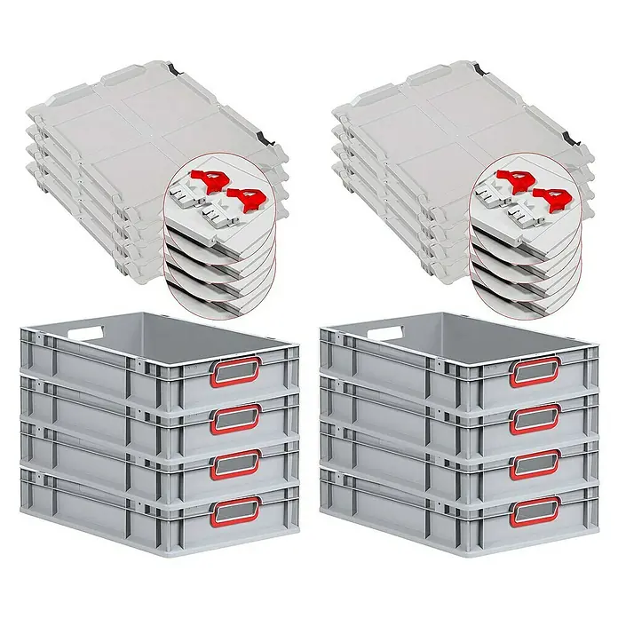 Proregal Euroboxen-Set 8x Eurobox NextGen Color mit Scharnierdeckel und Verschlüssen - L x B x H: 60 x 40 x 12 cm, Kunststoff, Grau, Rot, 8 Stk. - Stapelbare Kunststoffbehälter und Deckel mit roten Verschlüssen für Lagerung & Transport.