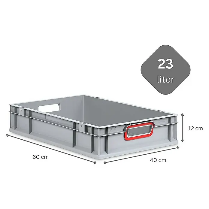 Proregal Euroboxen-Set 8x Eurobox NextGen Color mit Scharnierdeckel und Verschlüssen - L x B x H: 60 x 40 x 12 cm, Kunststoff, Grau, Rot, 8 Stk. - Graue Kunststoffbox mit den Maßen 60 x 40 x 12 cm und einem Fassungsvermögen von 23 Litern. Ideal für Lagerung und Transport.