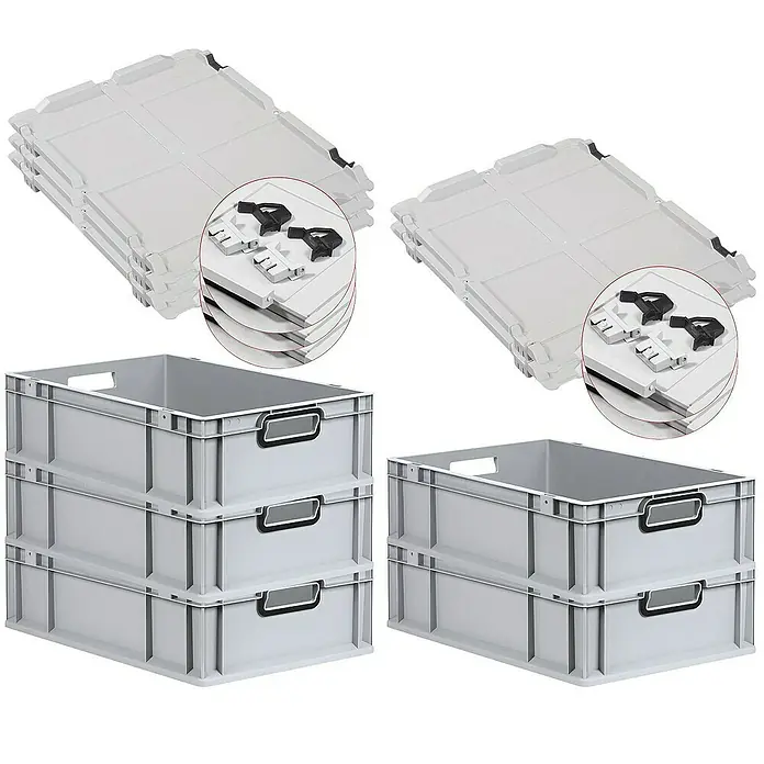 SuperSparSet 5x Eurobox NextGen Color mit Scharnierdeckel und Schiebeschnappverschlüssen | HxBxT 17x40x60cm | 34 Liter | Grau | Griffe schwarz offen | Glatter Boden | Eurobehälter, Transportbox, Transportbehälter, Stapelbehälter -  - Ansicht von grauen Euroboxen und Deckeln, die Lagerung und Organisation ermöglichen, ideal für den industriellen und privaten Gebrauch.