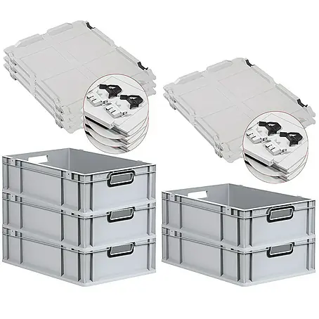 SuperSparSet 5x Eurobox NextGen Color mit Scharnierdeckel und Schiebeschnappverschlüssen | HxBxT 17x40x60cm | 34 Liter | Grau | Griffe schwarz offen | Glatter Boden | Eurobehälter, Transportbox, Transportbehälter, Stapelbehälter