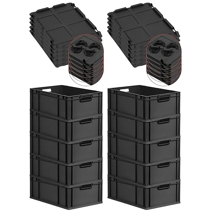 SparSet 10x Eurobox NextGen Color mit Auflagedeckel und Schiebeschnappverschlüsse | HxBxT 22x40x60cm | 44 Liter | Schwarz | Griffe schwarz offen | Verstärkter Boden | Eurobehälter, Transportbox, Transportbehälter, Stapelbehälter -  - Schwarze Kunststoffboxen und Deckel im Stapel. Praktische Aufbewahrungslösung für Ordnung und Organisation im Haushalt oder Büro.