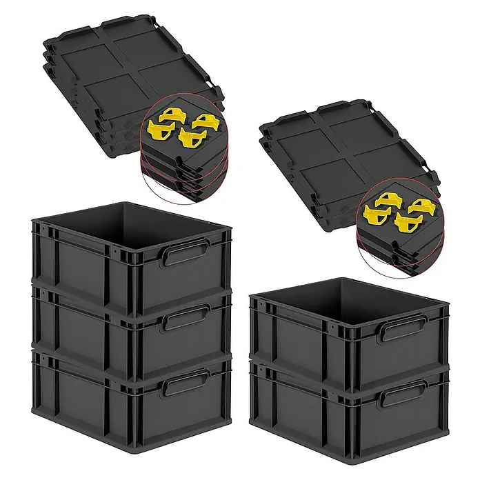 Proregal Euroboxen-Set 5x Eurobox NextGen Grip mit Auflagedeckel inkl. 4 gelben Verschlüssen - L x B x H: 40 x 30 x 17 cm, Kunststoff, Schwarz, 5 Stk. - Das Bild zeigt graue Kunststoffboxen in zwei Stapeln und zwei Stapel Deckel mit gelben Klammern.