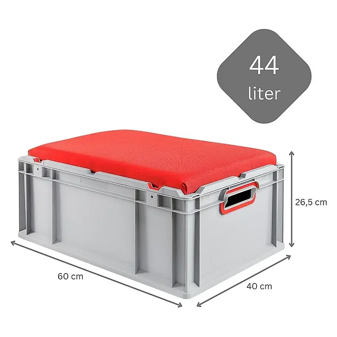 Proregal Euroboxen-Set 3x Eurobox NextGen Seat Box Rot - L x B x H: 60 x 40 x 26,5 cm, Kunststoff, Grau, Rot, 3 Stk. - Graue Aufbewahrungsbox mit rotem Kissen als Deckel, Volumen 44 Liter, Maße 60x40x26,5 cm, ideal für Ordnung und Komfort im Haus.