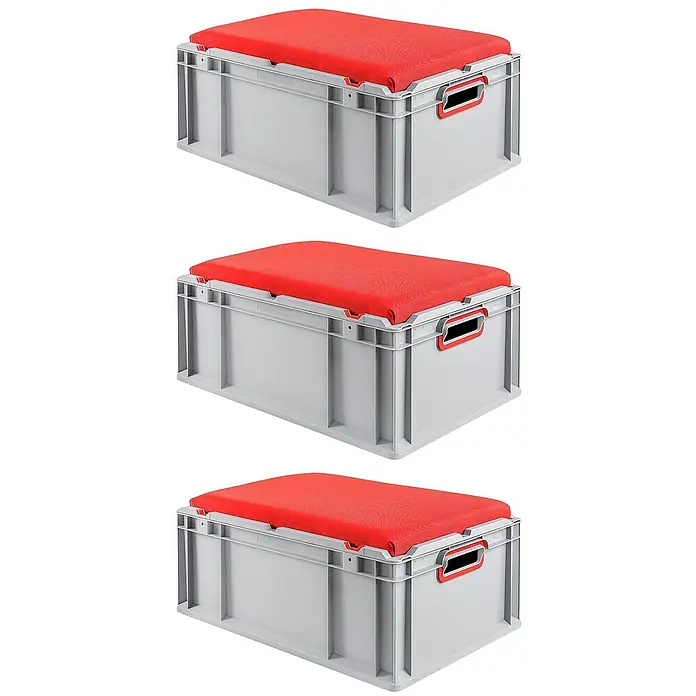 Proregal Euroboxen-Set 3x Eurobox NextGen Seat Box Rot - L x B x H: 60 x 40 x 26,5 cm, Kunststoff, Grau, Rot, 3 Stk. - Drei graue Kunststoffboxen mit roten gepolsterten Sitzen, ideal für Lagerung und bequemes Sitzen.