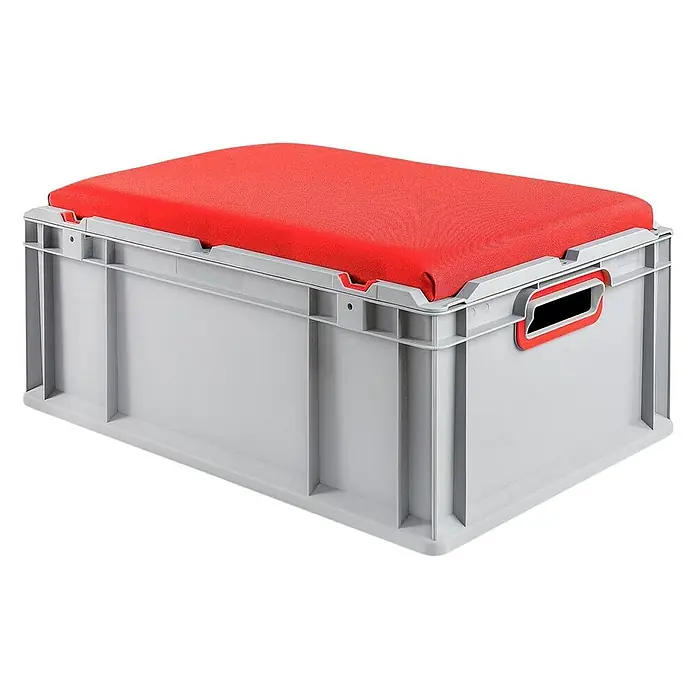 Proregal Euroboxen-Set 3x Eurobox NextGen Seat Box Rot - L x B x H: 60 x 40 x 26,5 cm, Kunststoff, Grau, Rot, 3 Stk. - Graue Aufbewahrungsbox mit rotem Sitzkissen. Die Box ist aus robustem Material und ideal für die Aufbewahrung verschiedener Gegenstände.