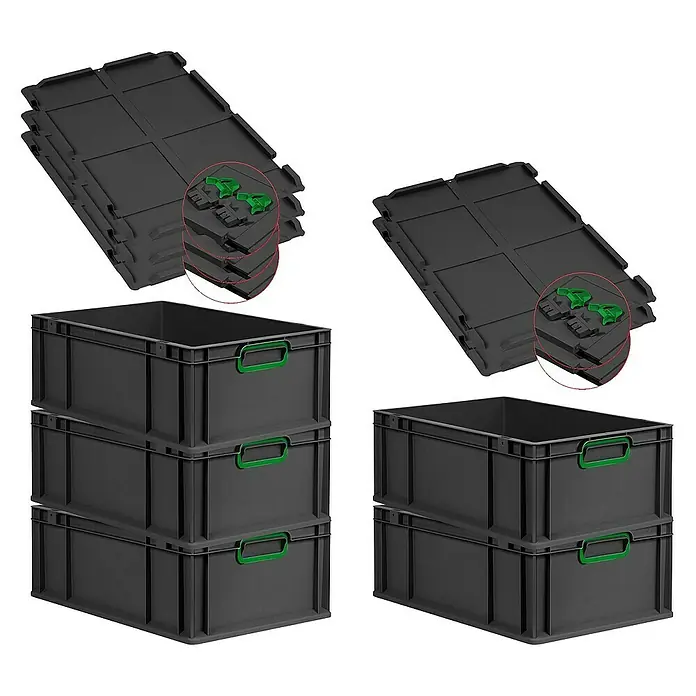 SuperSparSet 5x Eurobox NextGen Color mit Scharnierdeckel und Schiebeschnappverschlüssen | HxBxT 22x40x60cm | 44 Liter | Schwarz | Griffe grün geschlossen | Verstärkter Boden | Eurobehälter, Transportbox, Transportbehälter, Stapelbehälter -  - Bild von stapelbaren, schwarzen Kunststoffboxen mit grünen Griffen und passenden Deckeln. Praktische Aufbewahrungslösung.