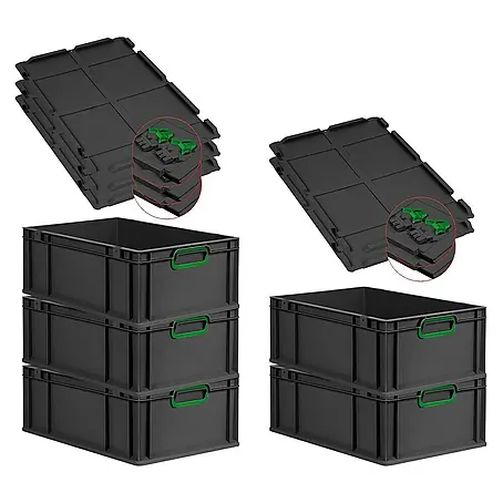 SuperSparSet 5x Eurobox NextGen Color mit Scharnierdeckel und Schiebeschnappverschlüssen | HxBxT 22x40x60cm | 44 Liter | Schwarz | Griffe grün geschlossen | Verstärkter Boden | Eurobehälter, Transportbox, Transportbehälter, Stapelbehälter