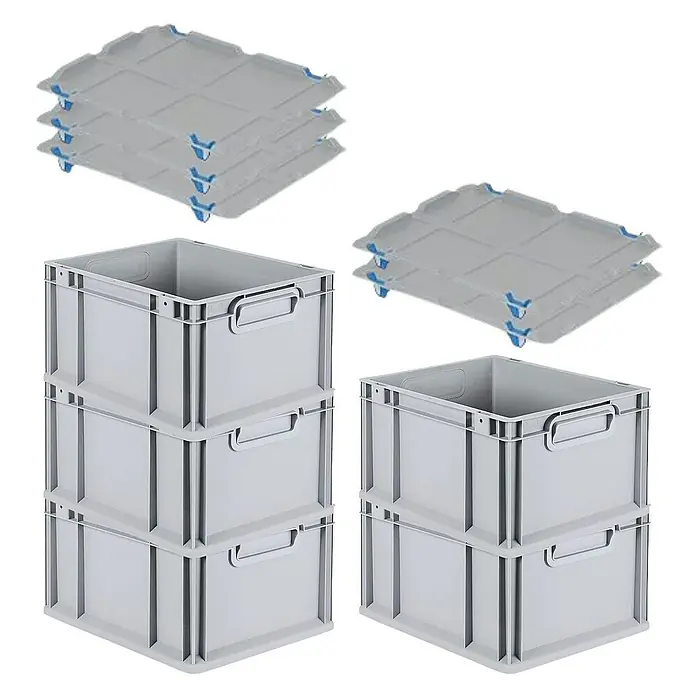 Proregal Euroboxen-Set 5x Eurobox NextGen Grip mit Auflagedeckel inkl. 4 blauen Verschlüssen - L x B x H: 40 x 30 x 22 cm, Kunststoff, Grau, 5 Stk. - Stapelbare Kunststoffbehälter und Deckel für eine effiziente Lagerung und Organisation. Perfekt für Industrie, Lager und den privaten Gebrauch.