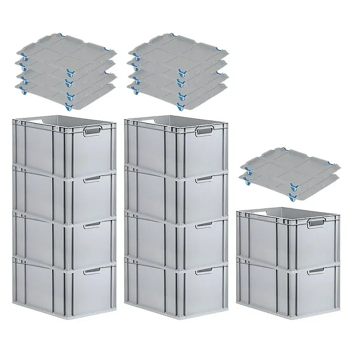 Proregal Euroboxen-Set 10x Eurobox NextGen Economy mit Auflagedeckel und 4x Verschlüsse Blau - L x B x H: 60 x 40 x 32 cm, Kunststoff, Grau, 10 Stk. - Abbildung von stapelbaren Lagerboxen und dazugehörigen Deckeln, ideal für Ordnung.