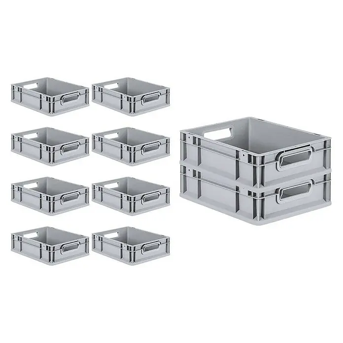 Proregal Euroboxen-Set 10x Eurobox NextGen Grip mit Scharnierdeckel und gelben Verschlüssen - L x B x H: 40 x 30 x 12 cm, Kunststoff, Grau, 10 Stk. - Das Bild zeigt eine Sammlung grauer Kunststoffbehälter, darunter ein Stapel von zwei Behältern und acht einzelne, die auf einer weißen Fläche angeordnet sind.