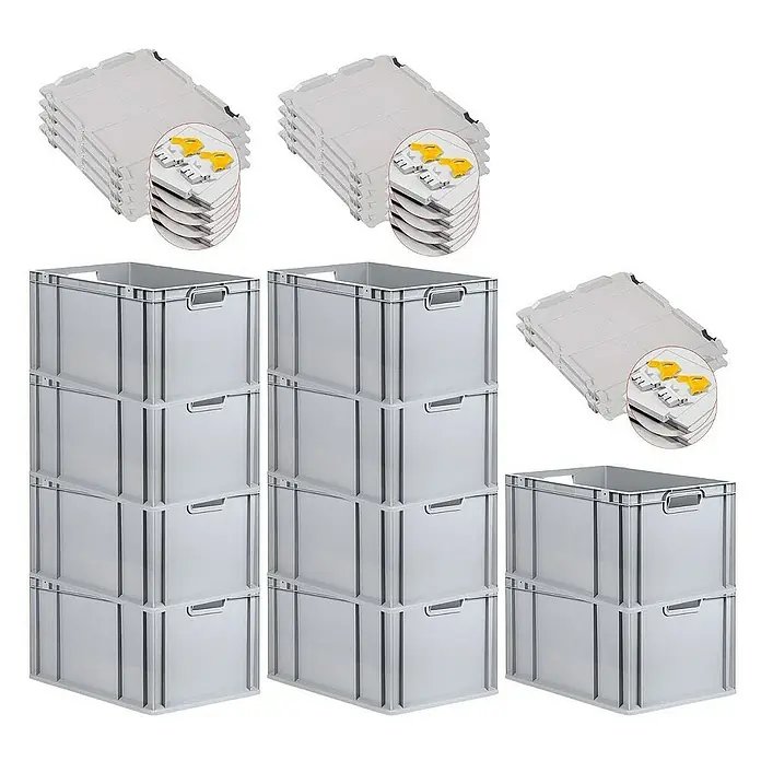 Proregal Euroboxen-Set 10x Eurobox NextGen Grip mit Scharnierdeckel und gelben Verschlüssen - L x B x H: 60 x 40 x 32 cm, Kunststoff, Grau, 10 Stk. - Bild von grauen Kunststoffboxen mit Deckeln. Die Boxen sind gestapelt und die Deckel liegen daneben.