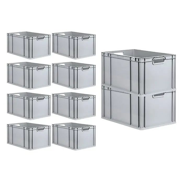 Proregal Euroboxen-Set 10x Eurobox NextGen Grip mit Scharnierdeckel und gelben Verschlüssen - L x B x H: 60 x 40 x 32 cm, Kunststoff, Grau, 10 Stk. - Das Bild zeigt zehn einzelne, graue Lagerboxen aus Kunststoff und einen Stapel aus zwei Lagerboxen. Die praktischen Boxen sind ideal zur Aufbewahrung.