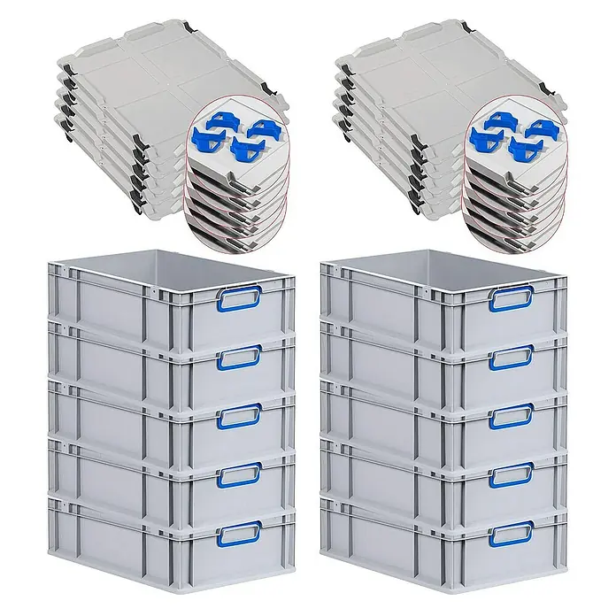 Proregal Euroboxen-Set 10x Eurobox NextGen Color mit Auflagedeckel und Schiebeschnappverschlüsse - L x B x H: 60 x 40 x 17 cm, Kunststoff, Grau, Blau, 10 Stk. - Das Bild zeigt graue Stapelboxen mit blauen Griffen und Deckel für die Boxen, die ordentlich gestapelt sind. Die Boxen sind aus robustem Kunststoff gefertigt.