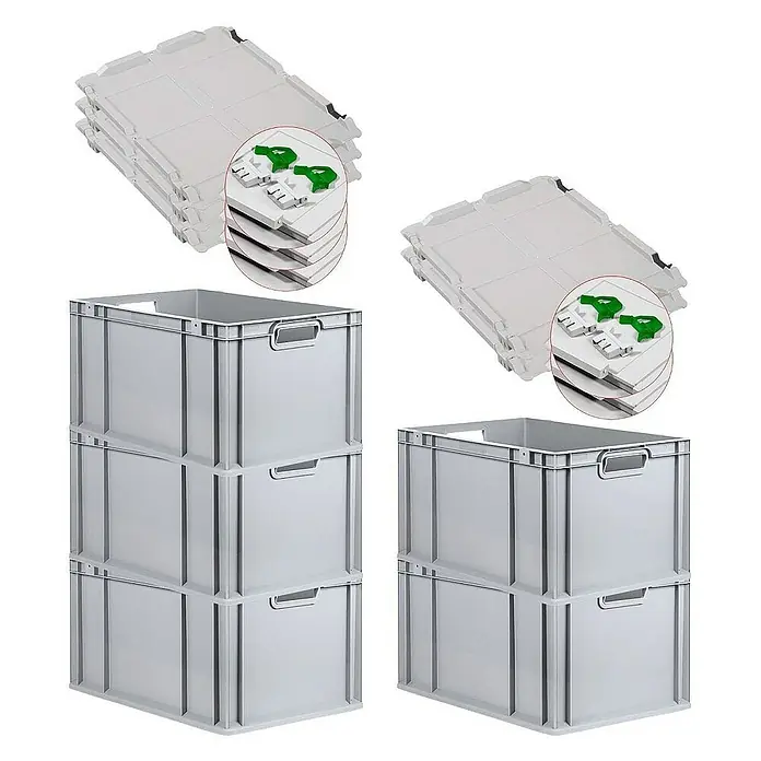 Proregal Euroboxen-Set 5x Eurobox NextGen Grip mit Scharnierdeckel und grünen Verschlüssen - L x B x H: 60 x 40 x 32 cm, Kunststoff, Grau, 5 Stk. - Bild von zwei Stapeln grauer Kunststoffbehälter und zwei Stapeln grauer Kunststoffdeckel mit grünen Verschlüssen.