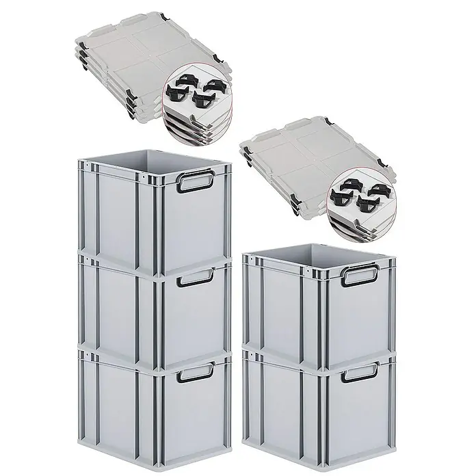 Proregal Euroboxen-Set 5x Eurobox NextGen Color mit Auflagedeckel und Schiebeschnappverschlüsse - Kunststoff, Grau, Schwarz, 5 Stk. - Graue, stapelbare Lagerboxen mit Deckeln für Organisation und Aufbewahrung. Ideal für Werkstatt, Lager und Büro.