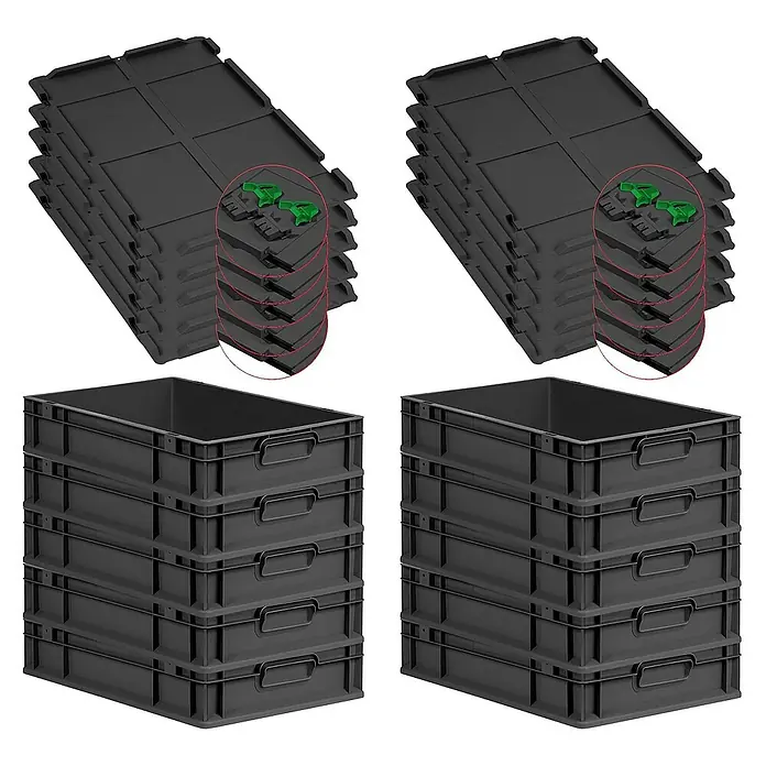 SuperSparSet 10x Eurobox NextGen Grip mit Scharnierdeckel und grünen Schiebeschnappverschlüssen | HxBxT 12x40x60cm | 23 Liter | Schwarz | Griffe geschlossen | Eurobehälter, Transportbox, Transportbehälter, Stapelbehälter -  - Stapelbare Eurobehälter und Deckel. Ideal für Lagerung und Transport, robust und platzsparend durch Stapelbarkeit.