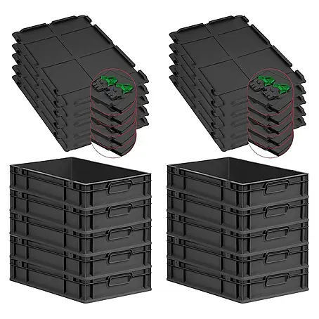 SuperSparSet 10x Eurobox NextGen Grip mit Scharnierdeckel und grünen Schiebeschnappverschlüssen | HxBxT 12x40x60cm | 23 Liter | Schwarz | Griffe geschlossen | Eurobehälter, Transportbox, Transportbehälter, Stapelbehälter