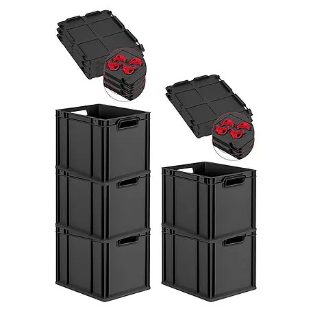 Proregal  Euroboxen-Set 5x Eurobox NextGen Grip mit Scharnierdeckel und roten Verschlüssen