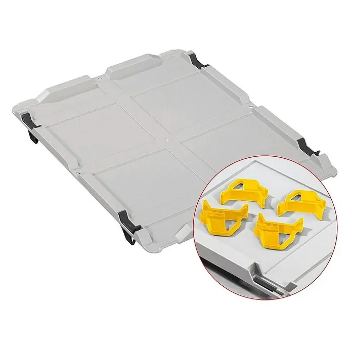 Proregal Euroboxen-Set 4x Eurobox NextGen Economy mit Auflagedeckel und 4x Verschlüsse Gelb - Kunststoff, Grau, 4 Stk. - Graue Transportbox mit Einsätzen und gelben Befestigungsclips für den sicheren Transport von Gegenständen.