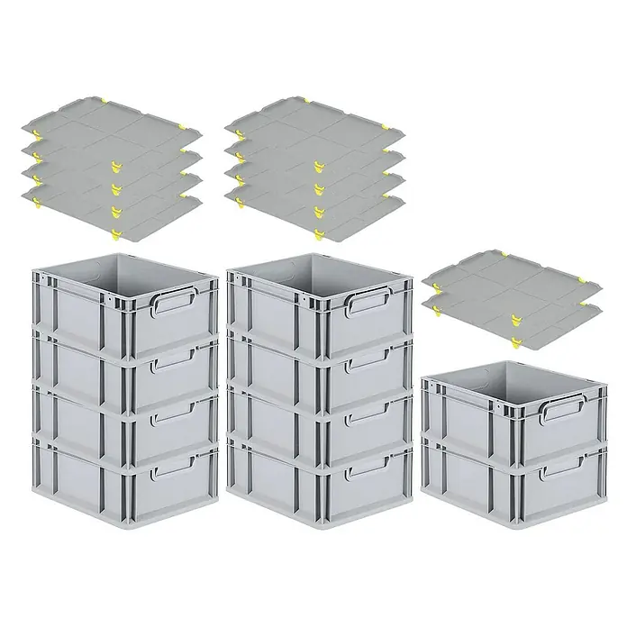 Proregal Euroboxen-Set 10x Eurobox NextGen Grip mit Auflagedeckel inkl. 4 gelben Verschlüssen - L x B x H: 40 x 30 x 17 cm, Kunststoff, Grau, 10 Stk. - Das Bild zeigt ein Set aus grauen Stapelboxen und passenden Deckeln mit gelben Verschlüssen, ideal für Lagerung und Transport.