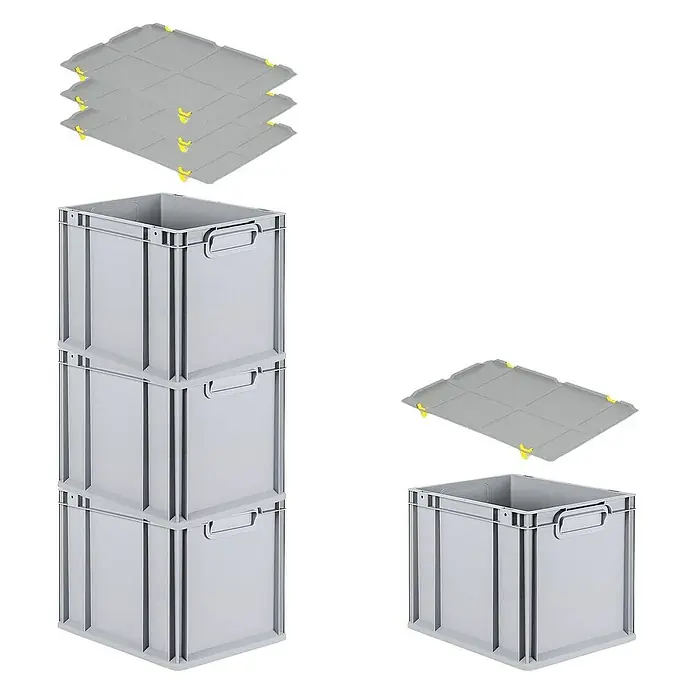 Proregal Euroboxen-Set 4x Eurobox NextGen Economy mit Auflagedeckel und 4x Verschlüsse Gelb - Kunststoff, Grau, 4 Stk. - Stabile graue Lagerboxen, gestapelt und mit grauen Deckeln mit gelben Verschlüssen, ideal für Lager und Transport.
