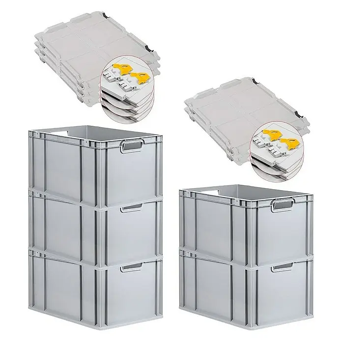 Proregal Euroboxen-Set 5x Eurobox NextGen Grip mit Scharnierdeckel und gelben Verschlüssen - L x B x H: 60 x 40 x 32 cm, Kunststoff, Grau, 5 Stk. - Gestapelte graue Lagerkisten mit passenden Deckeln. Ideal für die Organisation und Lagerung im Lager oder Büro.