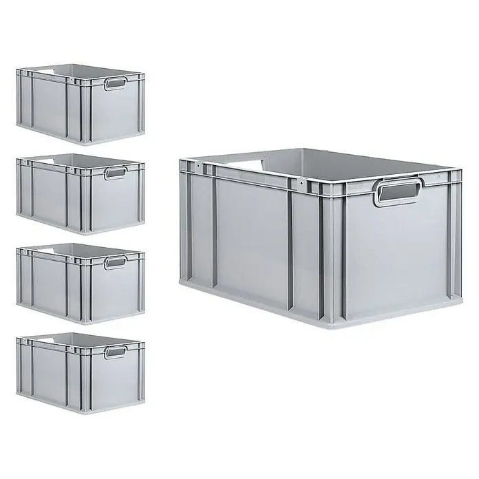 Proregal Euroboxen-Set 5x Eurobox NextGen Grip mit Scharnierdeckel und gelben Verschlüssen - L x B x H: 60 x 40 x 32 cm, Kunststoff, Grau, 5 Stk. - Abbildung von fünf hellgrauen Lagerkästen aus Kunststoff mit Griffen, ideal für Lagerung und Transport.