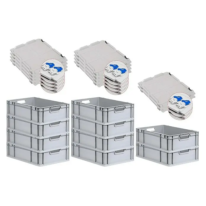 Proregal Euroboxen-Set 10x Eurobox NextGen Economy mit Scharnierdeckel und blauen Verschlüssen - L x B x H: 60 x 40 x 17 cm, Kunststoff, Grau, 10 Stk. - Abbildung von gestapelten grauen Kunststoffboxen und Deckeln, ideal für Lagerung und Transport.