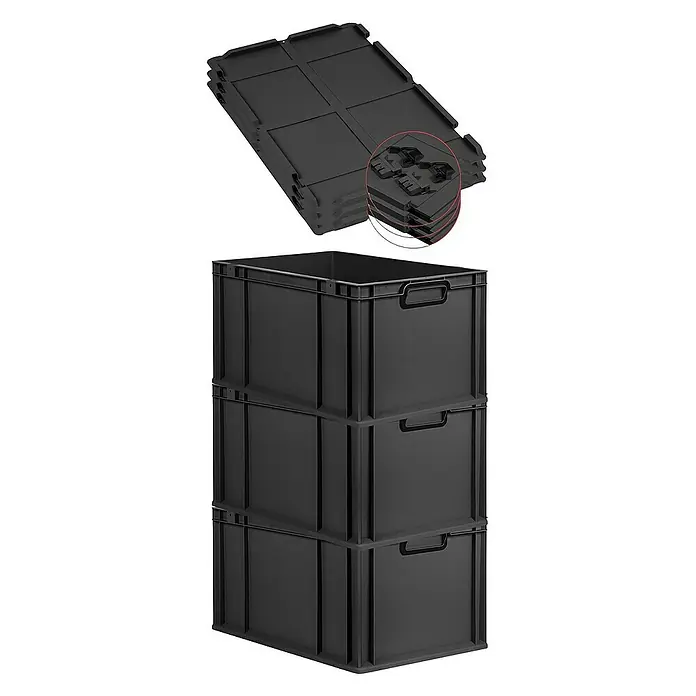 Proregal Euroboxen-Set 3x Eurobox NextGen Color mit Scharnierdeckel und Verschlüssen - L x B x H: 60 x 40 x 32 cm, Kunststoff, Schwarz, Schwarz, 3 Stk. - Bild von schwarzen Lagerboxen mit Deckeln, gestapelt und bereit zur Verwendung, ideal für Organisation.