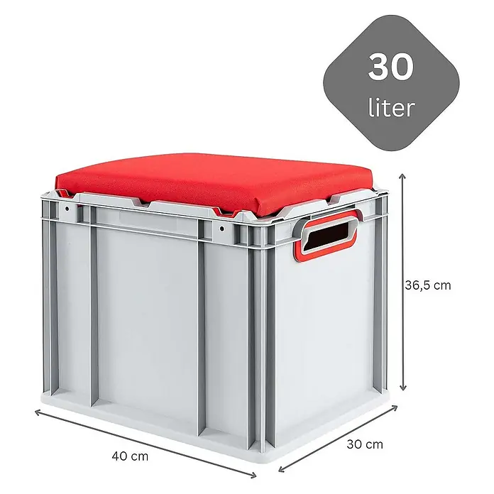 Proregal Euroboxen-Set 4x Eurobox NextGen Seat Box Rot - L x B x H: 40 x 30 x 36,5 cm, Kunststoff, Grau, Rot, 4 Stk. - Produktbild eines grauen 30-Liter-Stauraumbehälters mit rotem Kissen und Größenangaben.
