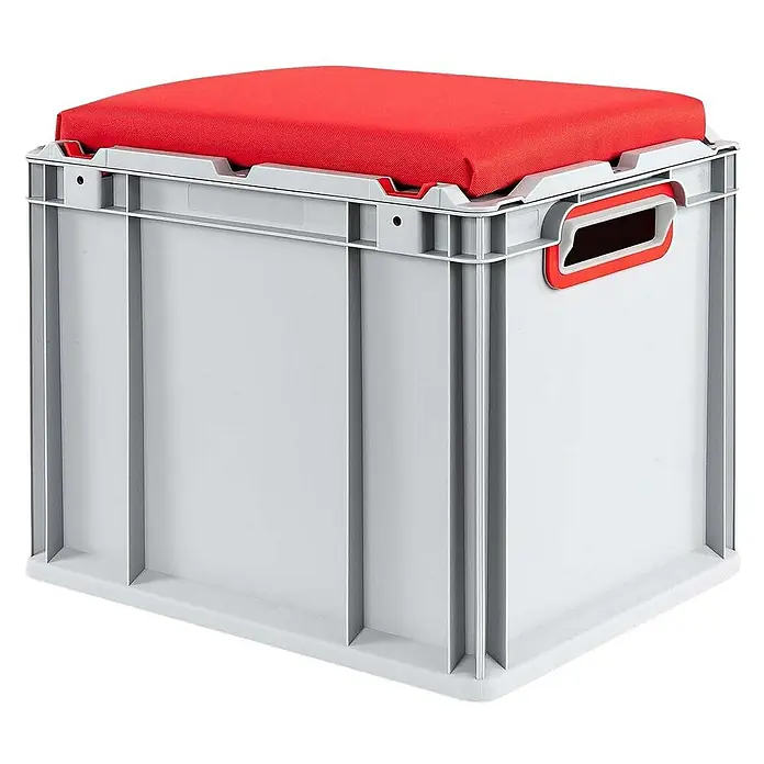 Proregal Euroboxen-Set 4x Eurobox NextGen Seat Box Rot - L x B x H: 40 x 30 x 36,5 cm, Kunststoff, Grau, Rot, 4 Stk. - Graue Aufbewahrungsbox mit rotem Sitzkissen. Die stabile Box bietet Stauraum und eine bequeme Sitzgelegenheit in einem Möbelstück.