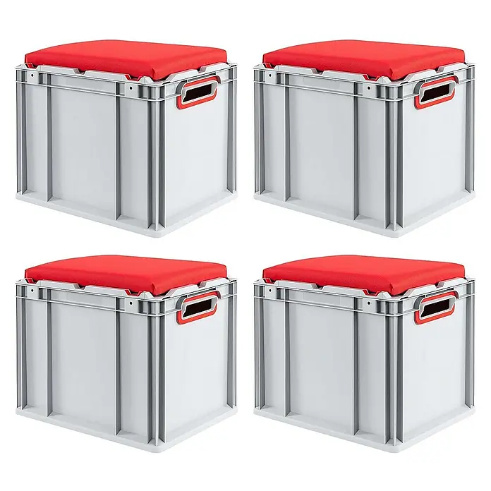 Proregal Euroboxen-Set 4x Eurobox NextGen Seat Box Rot - L x B x H: 40 x 30 x 36,5 cm, Kunststoff, Grau, Rot, 4 Stk. - Abbildung von vier grauen Aufbewahrungsboxen mit roten Kissen auf der Oberseite, ideal für Sitzgelegenheiten oder zur Aufbewahrung.