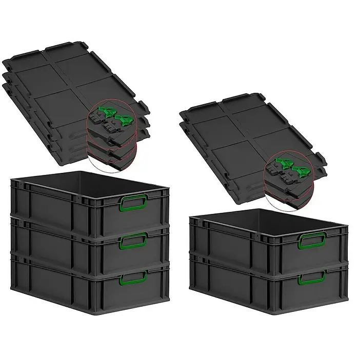 SuperSparSet 5x Eurobox NextGen Color mit Scharnierdeckel und Schiebeschnappverschlüssen | HxBxT 17x40x60cm | 34 Liter | Schwarz | Griffe grün geschlossen | Eurobehälter, Transportbox, Transportbehälter, Stapelbehälter -  - Zwei Stapel grauer Lagerbehälter mit grünen Griffen und passenden Deckeln. Praktische und robuste Aufbewahrungslösung.